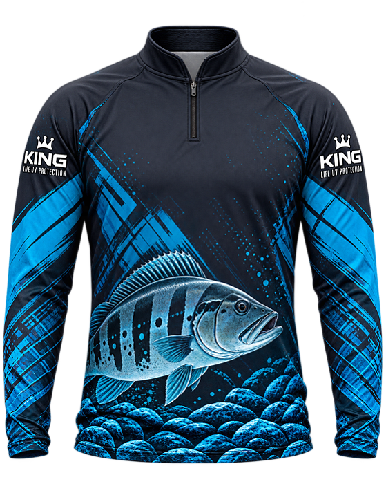 CAMISETA DE PESCA KING BRASIL COM PROTEÇÃO UV 50+- TUCUNARÉ AZUL PROFUNDO - KD00777