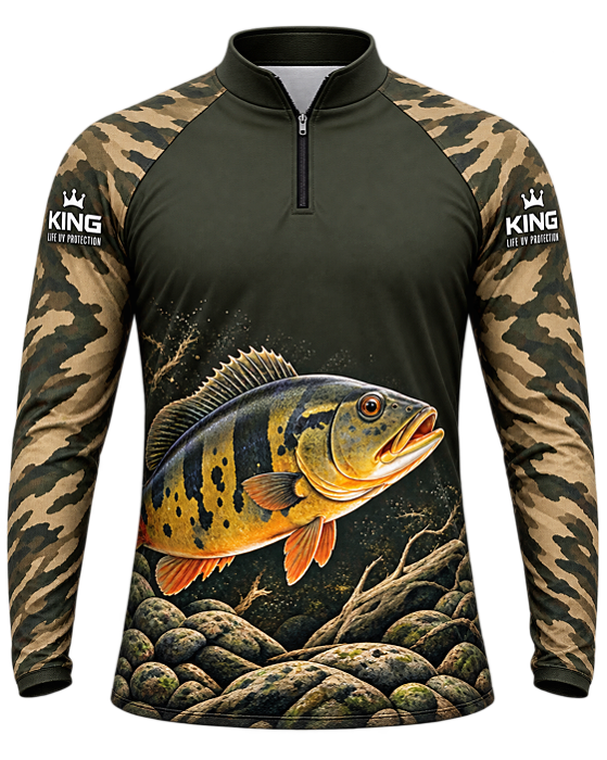 CAMISETA DE PESCA KING BRASIL COM PROTEÇÃO UV 50+ - TUCUNARÉ CAMUFLADO OLIVA - KD00780