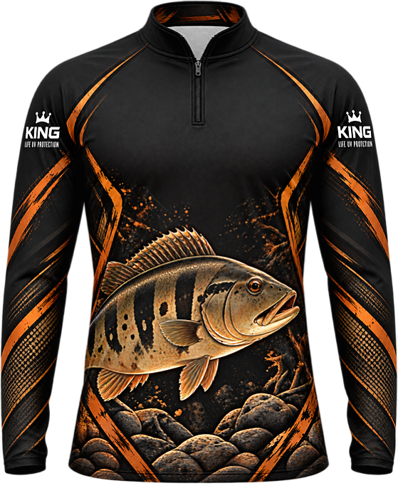 CAMISETA DE PESCA KING BRASIL COM PROTEÇÃO UV 50+ - TUCUNARÉ PRETO & COBRE - KD00781