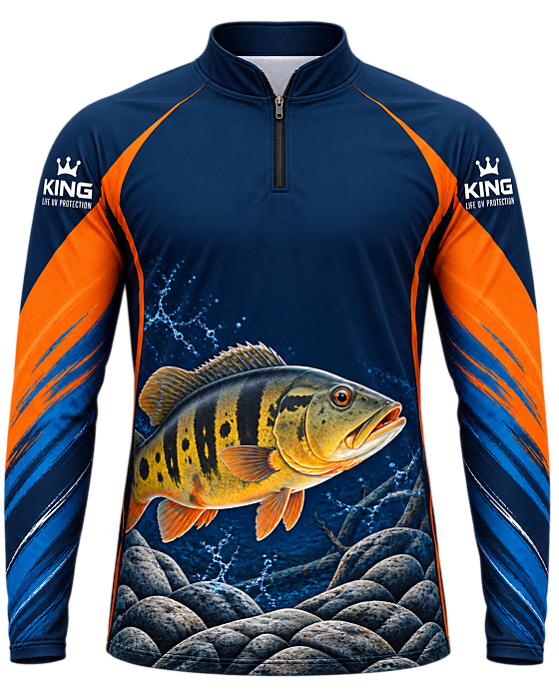 CAMISETA DE PESCA KING BRASIL COM PROTEÇÃO UV 50+ - TUCUNARÉ AZUL & LARANJA - KD00782