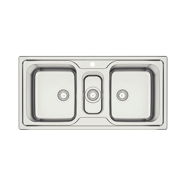 Cuba De Sobrepor Tramontina Marea Deep 2 Cubas E Auxiliar Em Aço Inox Com Acabamento Escovado 100 X 50 Cm Com Válvula E Furo Para Torneira