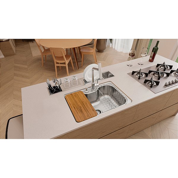Cuba Tramontina Morgana 60 Fx Undermount Em Aço Inox Com Lixeira De Embutir 5 L, Tábua De Madeira, Dosador De Sabão, Cesto Aramado E Válvula