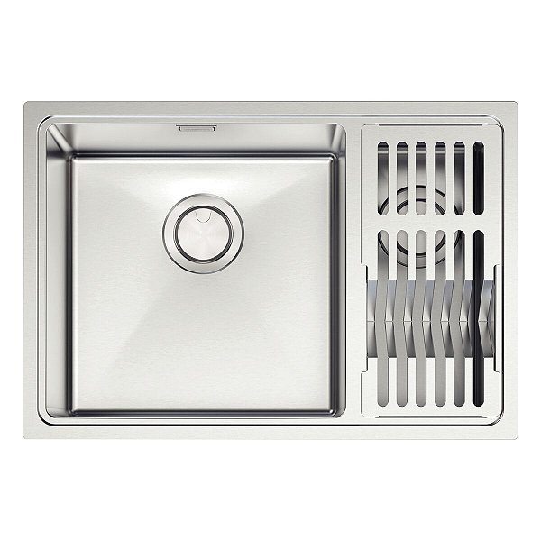 Cuba Tramontina Design Collection Quadrum Em Aço Inox Com Acabamento Acetinado 66X46 Com 2 Cubas E Escorredor De Pratos E Copos