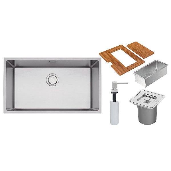 Cuba Tramontina Design Collection Quadrum 70 Em Aço Inox Com Dosador De Sabão, Tábua, Cesto Coador E Lixeira Quadrada De Embutir