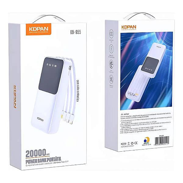 PowerBank 20000mAh com cabos USB/ TIPO C/ LIGHTNING e MICRO KDPAN KN-955