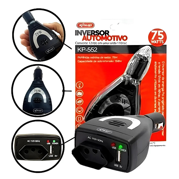 Inversor automotivo 12V/110V  75W  Knup KP-552