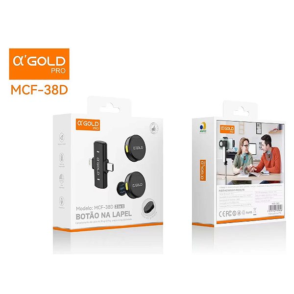 Microfone de lapela a'gold conector 2 em 1 ( C e Lightning) MCF-38D