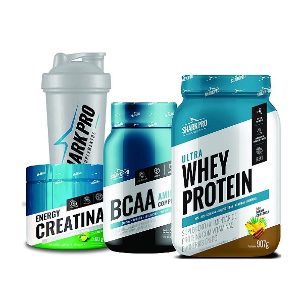 KIT SHARK (BANANA C/ CANELA) -POTE (CREATINA,WHEY,BCAA, COQUETELEIRA)