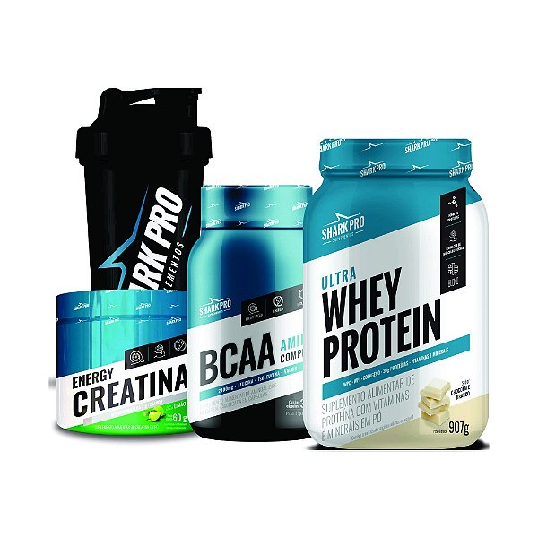 KIT SHARK (CHOC BRANCO) - POTE (CREATINA,WHEY,BCAA, COQUETELEIRA)