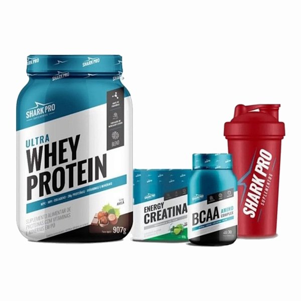 KIT SHARK (CHOC C/ AVELA) - POTE (CREATINA,WHEY,BCAA, COQUETELEIRA)