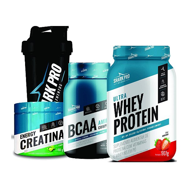 KIT SHARK (MORANGO) - POTE (CREATINA,WHEY,BCAA, COQUETELEIRA)