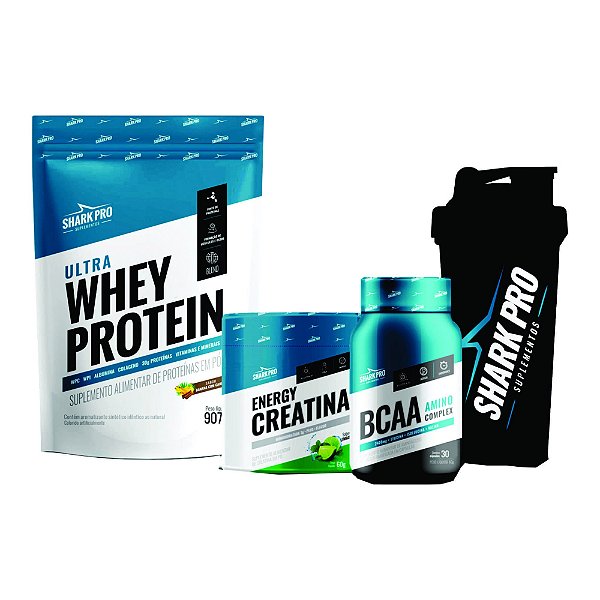 KIT SHARK (BANANA C/ CANELA) - POUCH (CREATINA,WHEY,BCAA, COQUETELEIRA)