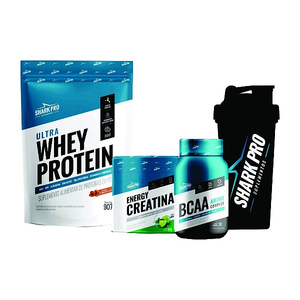 KIT SHARK (DOCE DE LEITE) - POUCH (CREATINA,WHEY,BCAA, COQUETELEIRA)