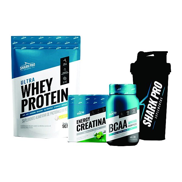 KIT SHARK (LEITE) - POUCH (CREATINA,WHEY,BCAA, COQUETELEIRA)