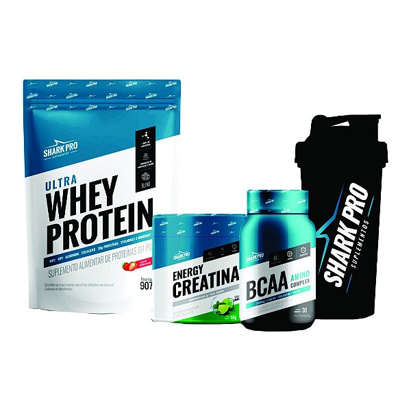 KIT SHARK (MORANGO) - POUCH (CREATINA,WHEY,BCAA, COQUETELEIRA)