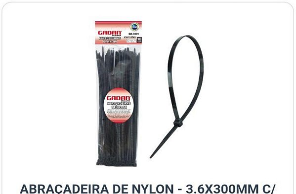 Abraçadeira de Naylon 3,6 x 300mm c/100un preta - Gadan