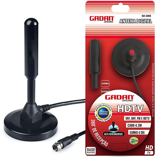 Antena p/TV digital com base imã e cabo de 4,3m - Gadan
