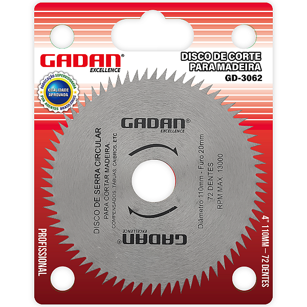 Disco de corte 4" 72 dentes para madeira - Gadan