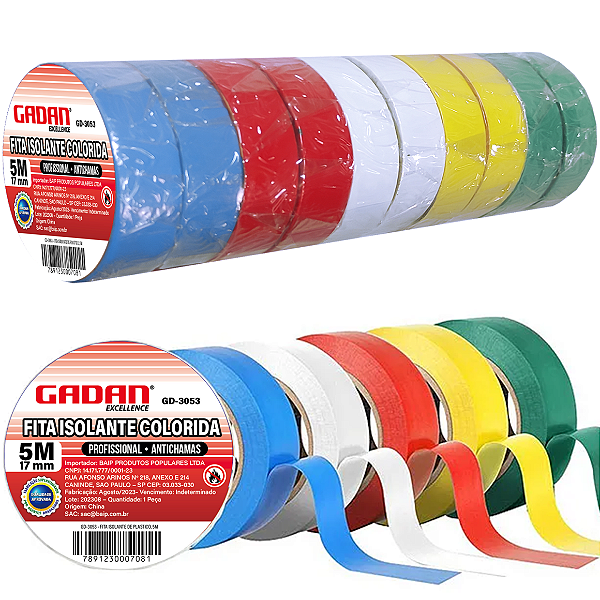 Fita Isolante 5m (colorida) em tubo c/10 rolos - Gadan