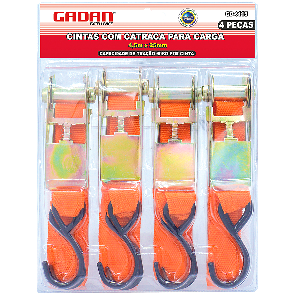 Kit com 4 un cintas com catraca para carga 4,5m x 25mm 60kg - Gadan