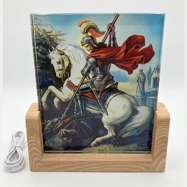 Quadro Luminária São Jorge com Base de Madeira – USB