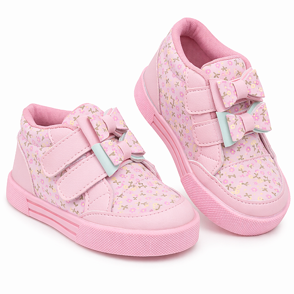 Tênis Cano Alto Menina Infantil Laço Duplo Florzinhas Decor