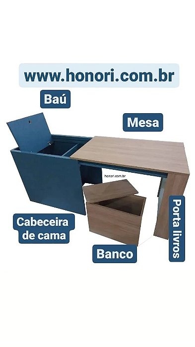 Baú home office multiuso com banco (cabeceira, baú, banco e mesa)