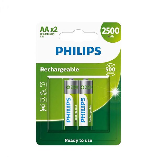 Pilha Recarregavel AA 2500 mAh 1,2v Philips  Cartela com 2 pilhas