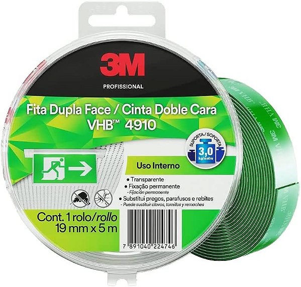 Fita Dupla Face 19mm X 5 Metros Vhb 4910 Marca 3M Transparente
