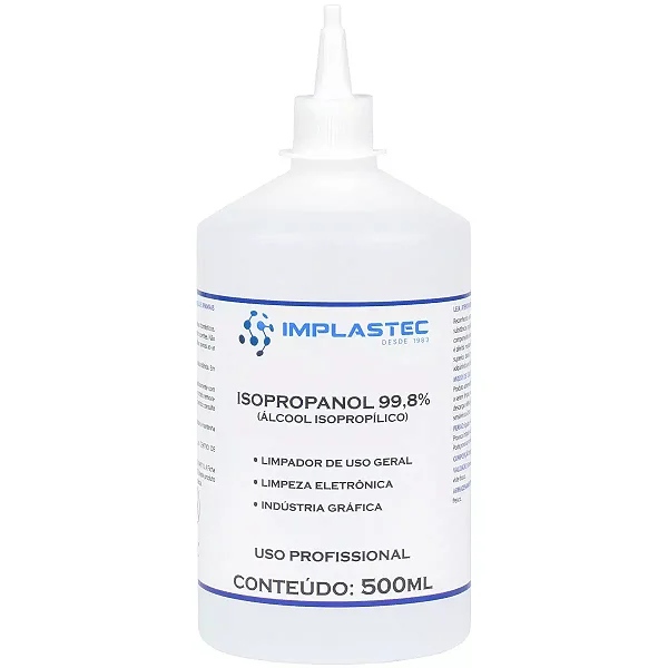 Álcool Isopropilíco 99,8% 500ml para limpeza de eletrônicos Implastec C/Bico Aplicador
