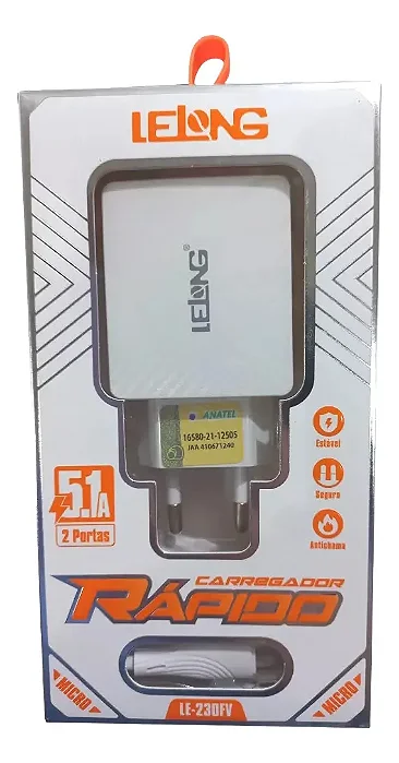 Carregador Turbo Tipo C Usb-C Cabo 1 Metro 5.1a Rápido Com duas Portas USB Lelong LE 230FC
