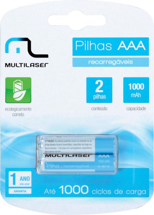 Pilha Recarregável Multilaser AAA 1000MAH Cbo51 1,2V NI-MH - Blister Com 2 Unidades