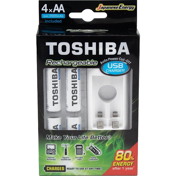 Carregador de Pilha Toshiba USB p/2 pilhas AA/AAA com 4 pilhas AA 2.000 mAh AAA 950mAh