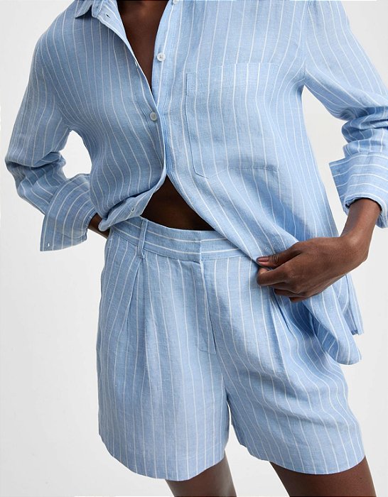 SHORTS LISTRADO AZUL LINHO