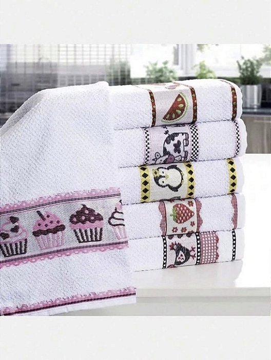 Kit Com 5 Panos de Prato Atoalhado Jacquard Premium Gourmet 49x65cm