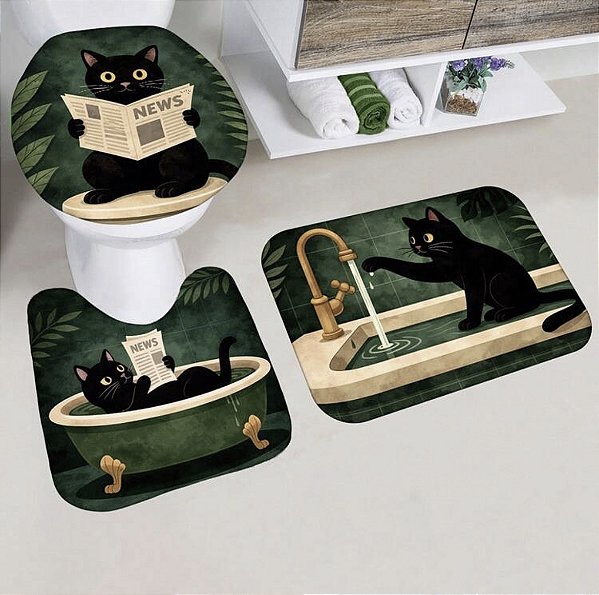 kit jogo Tapete Banheiro Estampa Gato Preto Vintage Antiderrapante 3 peças