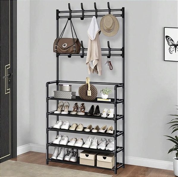 Sapateira preta de 5 camadas, com espaço estendido na camada superior para pendurar roupas, chapéus e bolsas, fácil de montar, leve e durável