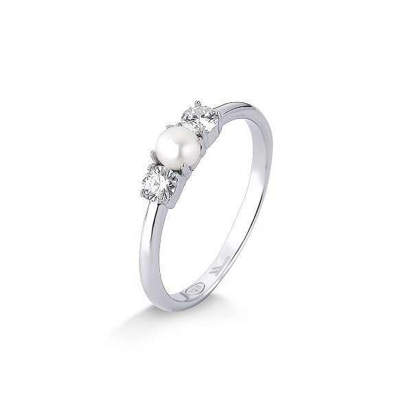 Anel Pérola Natural e 2 Moissanites Prata 925 com Ródio