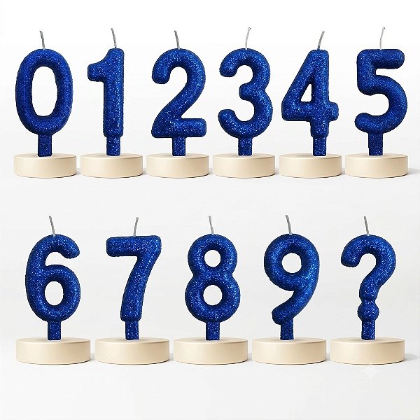 Vela Glitter Azul números de 0 a 9 e ?