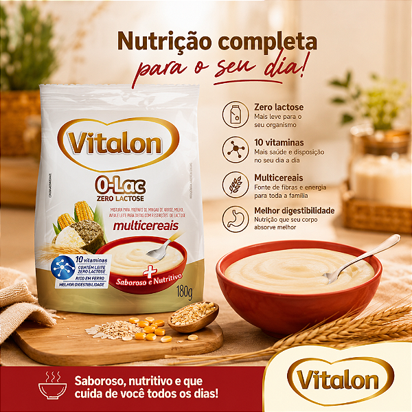 Mingau Multicereais Zero Lactose Vitalon O-Lac 180g com 10 Vitaminas