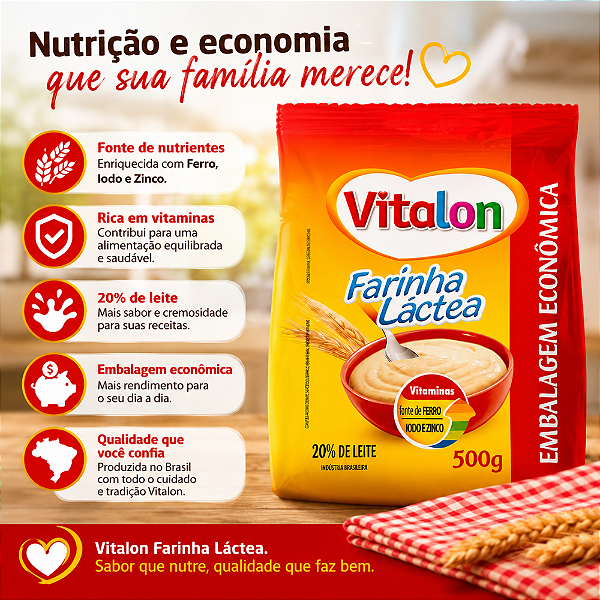 Farinha Láctea Vitalon 500g Embalagem Econômica com Vitaminas Ferro Iodo e Zinco