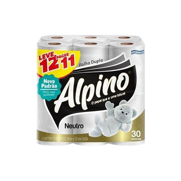 Papel Higiênico Folha Dupla Alpino Neutro 30m – Pacote com 12 Rolos
