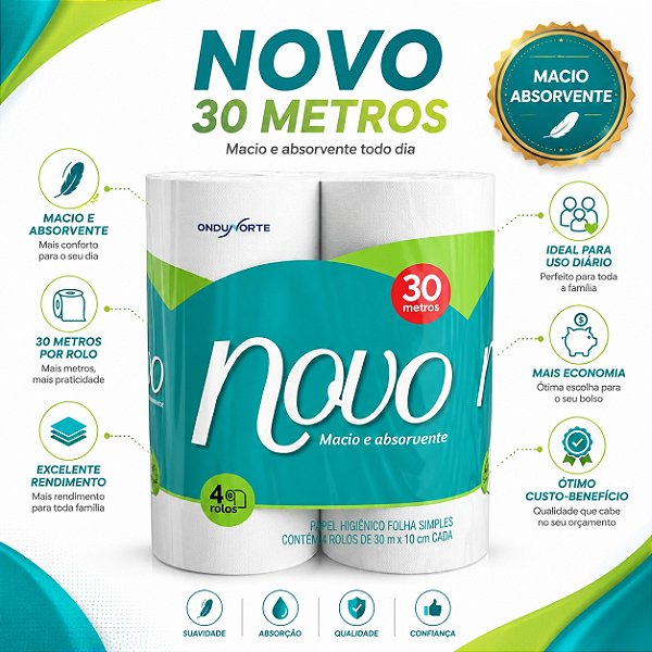 Papel Higiênico Folha Simples Novo Neutro 30m – Pacote com 4 Rolos