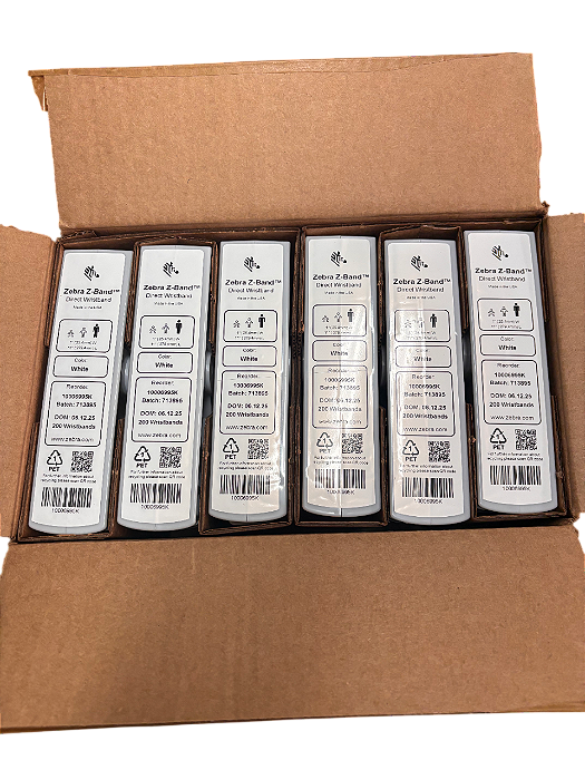 Cartuchos de 200 Pulseiras Zebra Z-band Adulto Branco - Caixa C/ 6