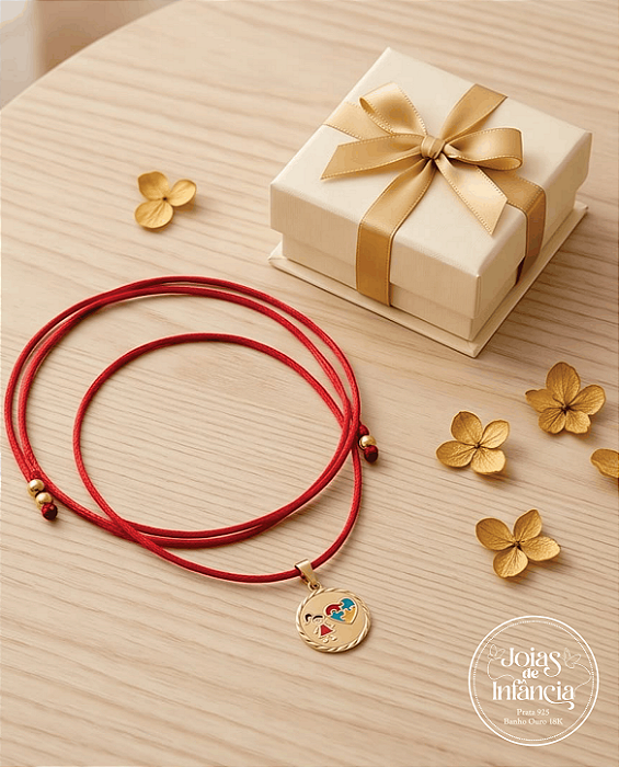 Colar vermelho menina símbolo do autismo banho ouro 18k