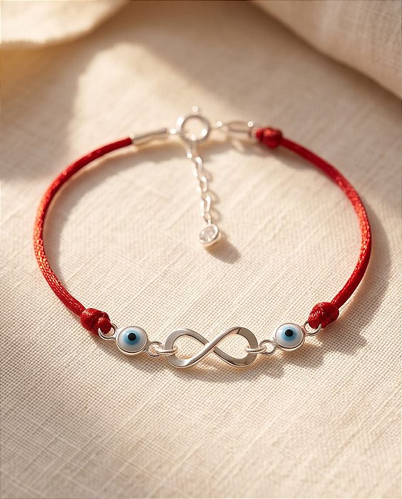 Pulseira vermelha infinito e olho grego em prata 925 com extensor