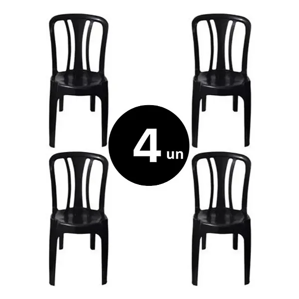 Kit 4 Cadeiras Plásticas Pretas Reforçadas | Empilháveis | Ideal para Casa, Festa e Comércio