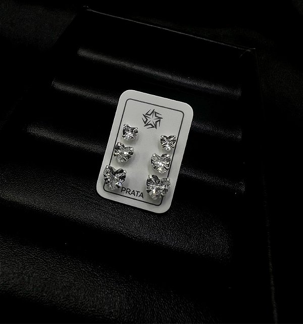 Trio Brincos Zircônia Coração G Prata