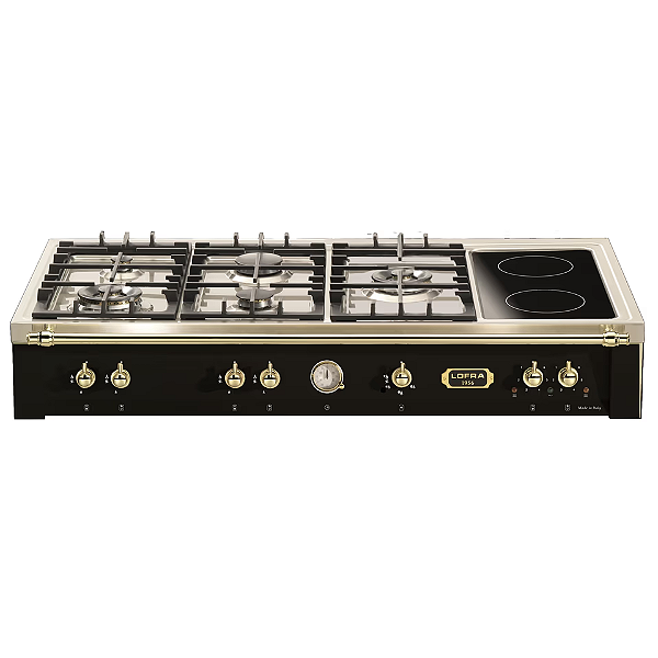 Cooktop Embutível Lofra Dolcevita Preto Fosco 120cm - Dual Flame 4.500W, Design Vintage, Queimadores Sabaf, Zonas Vitrocerâmicas, Segurança Gas-Stop, Manípulos em Latão