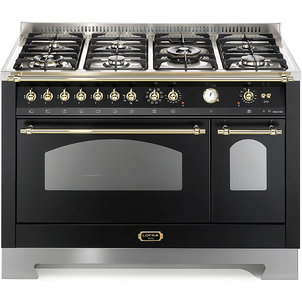 Fogão Embutível Vintage Lofra Dolcevita com Duplo Forno, 7 Queimadores Profissionais e Grill Infravermelho - Preto Fosco, 120cm, Design Elegante, 220V, Segurança Gas-Stop